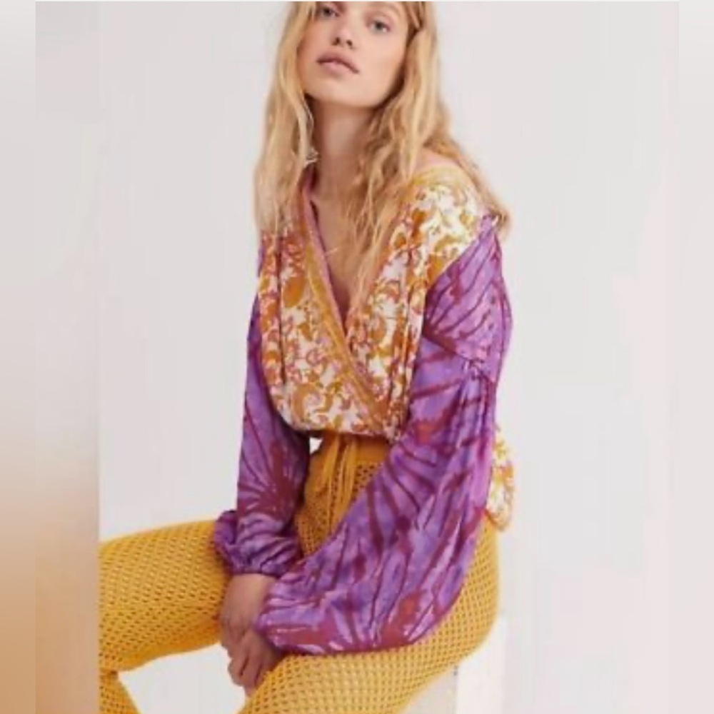 Free People Cruising Together Boho Mixed Print Long Sleeve Blouse Size Large